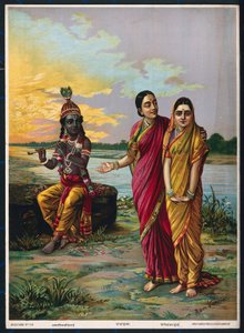 Krishna julisti rakkauttaan Radhalle uskotun kautta, vuoden 1900 jälkeen (väri litho)