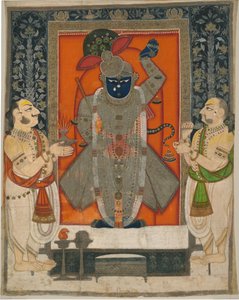 Papit, jotka palvovat Krishnaa Shrinathjina ruoanvuoren juhliin [Annakuta utsava]; pyhäkkö roikkuu [pichhavai] tekijältä Rajasthan Kota school