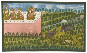 Maalaus Maharana Jawan Singhistä (r.1821-38) metsästämässä villisikaa.