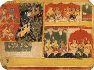 Kuvitus "Bhagvata Puranalle", kirja X, luku 21, n. 1525 tekijältä Rajput School