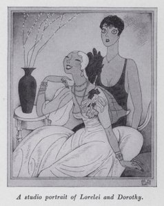 Kuvitus Anita Loosin (litho) kappaleeseen "Mutta herrat naimisiin brunettien kanssa" tekijältä Ralph Barton
