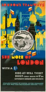 "Katso lisää Lontoosta shillingillä", London County Council LCC Tramways -juliste, 1933 tekijältä Ralph and Brown Studios