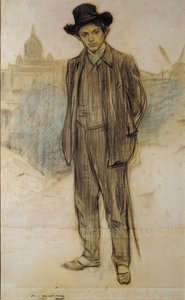 Portrait of Pablo Picasso - Oeuvre de Ramon Casas (1866-1932) - c. 1900 - Pastel on paper - 69x44,5 - Museu Nacional d
