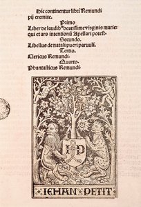 Sivu Ramon Llullin (1235-1315) koodeksista "De Laudibus Beatissimae Virginis Mariae", joka kuvaa kahta leijonaa pitelemässä kirjapaino Jehan Petitin vaakunaa. tekijältä Ramon Llull