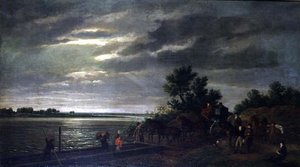 Kärryt ja hevoset saapumassa lautalle Leck-joella Hollannissa yöllä