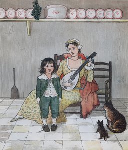 Oliver Goldsmithin Elegia hullun koiran kuolemasta. Mestari Bill Primrose valmistautuu laulamaan tarinaa. Kuvitus Randolph Caldecott tekijältä Randolph Caldecott