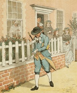 Oliver Goldsmithin Elegia hullun koiran kuolemasta. Islingtonin hyvä mies lähdössä kirkkoon. Kuvitus Randolph Caldecott tekijältä Randolph Caldecott