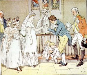 "Ja hän meni erittäin harkitsematta naimisiin parturin kanssa" The Great Panjandrum -pubista. Frederick Warne & Co. (värillinen kaiverrus) tekijältä Randolph Caldecott