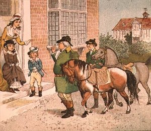 Kuvitus Ride-a-cock-hevosesta Banbury Crossiin (hevosten tuominen lapsille) tekijältä Randolph Caldecott