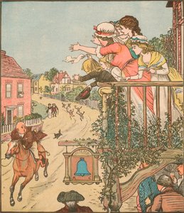 John Gilpin laukkaa Bell Innin ohi, kun hänen vaimonsa ja lapsensa vilkuttavat parvekkeelta, 1878, c1918. tekijältä Randolph Caldecott