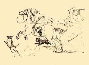 Koirat jahtaavat John Gilpiniä, kun hänen hevosensa laukkaa hallinnasta, 1878, 1918. tekijältä Randolph Caldecott