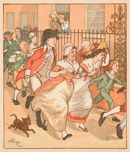 Naapurit ryntäävät auttamaan Islingtonin hyvää miestä, v. 1879. tekijältä Randolph Caldecott