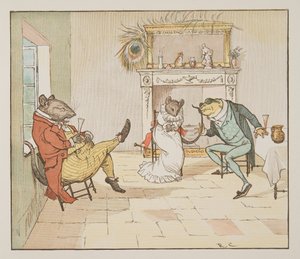 "Rukoile, herra Frog, annatko meille laulun?", The Hey Diddle Diddle Picture Book, pub.1882 (värikaiverrus) tekijältä Randolph Caldecott