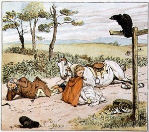 Maanviljelijä maassa, kirjasta "Maanviljelijä meni ravitsemaan harmaata tammaansa" tekijältä Randolph Caldecott