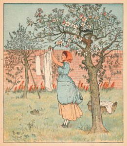 Maid oli puutarhassa, ripustamassa vaatteita, 1880. tekijältä Randolph Caldecott