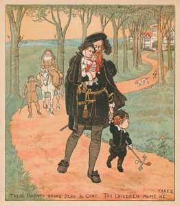 Heidän vanhempansa ovat kuolleet ja poissa, Lapset kotiin, jonka hän vie, c1878. tekijältä Randolph Caldecott