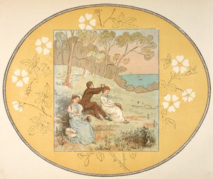 Kaksi naista ja mies istuvat aukiolla lähellä rannikkoa. Kukkareunus. tekijältä Randolph Caldecott