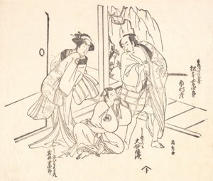 Kohtaus draamasta: Matsumoto Koshiro I ja kaksi muuta näyttelijää. tekijältä Ranshu