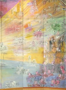 La Fee Electricite, orkesteria esittävän vasemmanpuoleisen kuvan yksityiskohta. tekijältä Raoul Dufy