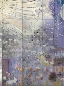 La Fee Electricite, orkesteria esittävän vasemmanpuoleisen kuvan yksityiskohta. tekijältä Raoul Dufy