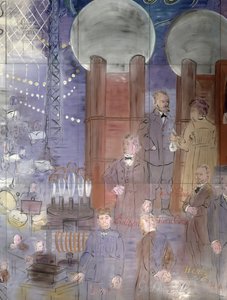 La Fee Electricite, vasemmanpuoleisen sivun yksityiskohta, jossa on tiedemiehiä kuvaava kuva. tekijältä Raoul Dufy