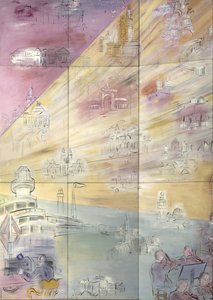 La Fee Electricite, vasemmanpuoleisen sivun eri kaupunkeja kuvaava yksityiskohta. tekijältä Raoul Dufy