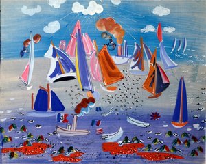 Meri ja veneitä - Gouache paperille, noin 1930.