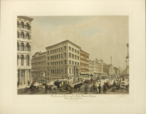 Corner of Lake ja La Salle Streets, Chicago, Marine Bank Building vuonna 1864