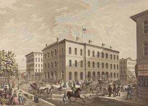 N.W. Chicagon Dearborn- ja Monroe Streetin kulma, jossa näkyy postirakennus vuonna 1865
