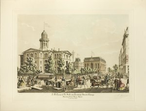 N. W. Corner of LaSalle ja Randolph, Chicago, näyttää Court House Squaren vuonna 1864