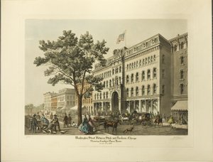 Washington-katu Staten ja Dearbornin välissä Chicagossa, jossa näkyy Crosbyn oopperatalo vuonna 1864.