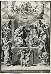 Neitsyen kruunaus Pyhän Johannes Kastajan ja Pyhän Hieromuksen läsnäollessa tekijältä Raphael (1483 1520) (after)