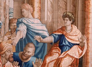 Flanderin kuvakudos. Sarja Apostolien teot. Elymas löi sokeaksi (La ceguera de Elymas). Seitsemäs kuvakudos sarjassa. Rafael Sanzion mallisarjakuva. 1519. Valmistus Jan Raes II, Bryssel. Noin 1605-1629. Kangas Silkki ja villa. Koko 534 x 783 cm. Locat tekijältä Raphael