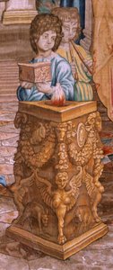 Flanderin kuvakudos. Sarja Apostolien teot. Saint Paul ja Saint Barnabas Lystrassa (San Pablo y San Bernabé en Lystra). Sarjan 8. kangas, se jaettiin kahteen osaan mukauttaakseen sen huoneeseen. Rafael Sanzion mallisarjakuva. 1519. Valmistus Jan Raes tekijältä Raphael