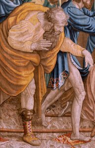 Flanderin kuvakudos. Sarja Apostolien teot. Saint Paul ja Saint Barnabas Lystrassa (San Pablo y San Bernabé en Lystra). Sarjan 8. kangas, se jaettiin kahteen osaan mukauttaakseen sen huoneeseen. Rafael Sanzion mallisarjakuva. 1519. Valmistus Jan Raes tekijältä Raphael