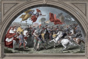 Paavi Leon I sanoi Suuren (390-461) edustus hunnien Attilan johtajaa (n. 395-453) vastaan vuonna 452 Mantovassa - Barbaarien hyökkäykset - (paavi Leo I suuri tapaaminen hunnikuningas Attilan kanssa vuonna 452) (Rafaelin jälkeen)