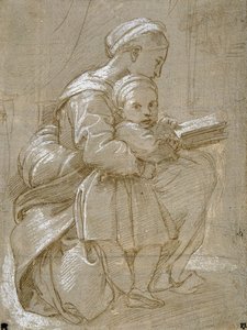 Nainen istuu tuolilla ja lukee, ja lapsi seisoo hänen vieressään (metallikärki ja valkoinen vartaloväri paperilla) tekijältä Raphael