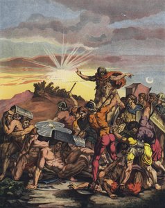 Joosua käski auringon pysähtyä Gibeonin taistelussa israelilaisten Kanaanin valloituksen aikana (väri litho) tekijältä after Raphael