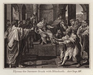 Rafael-sarjakuva: Elymas the Sorcerer Struck with Blindness, Acts, Kappale XIII (kaiverrus) tekijältä after Raphael