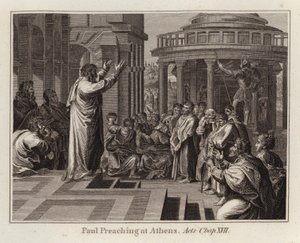Rafael-sarjakuva: Paavali saarnaa Ateenassa, Apostolien teot, luku XVII (kaiverrus) tekijältä after Raphael