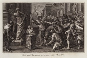Rafael-sarjakuva: Paavali ja Barnabas Lystrassa, Apostolien teot, luku XIV (kaiverrus) tekijältä after Raphael