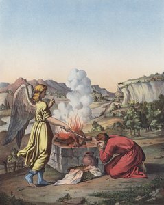 Enkeli ilmestyy Gideonin eteen (väri litho) tekijältä after Raphael