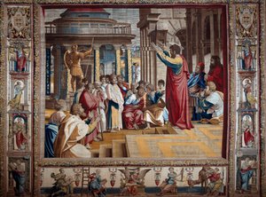 Apostoli pyhä Paavali saarnaa Athenes Tapestryn aeropagessa Raffaello Sanzio dit Raphaelin (1483-1520), 1500-luvun alun pahvimaalauksen jälkeen. 4,95x6,45 m Mantova, herttuan palatsi (Mantua)