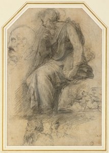 Miespuolinen pyhimys, istuva (St Paul): Study for the Disputa, WA1846.189 (hiili valkoisella korosteella) tekijältä Raphael