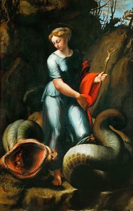 Pisidian Antiokian Margaret (tai Saint Marine, Marina) (kuoli noin 305) - Pyhä Margareta - Rafael (Raffaello Sanzio da Urbino) (1483-1520). Öljy puulle, n. 1518. Koko: 191,3x123 cm. Taidehistoriallinen museo, Wien tekijältä Raphael