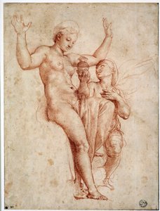 Psyche esittelee Venukselle Styxin vettä. Raffaello Sanzio dit Raphael (1483-1520) piirustus a la sanguine