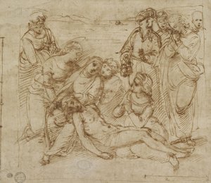 The Lamentation (kynä ja ruskea muste valkoiselle paperille) tekijältä Raphael