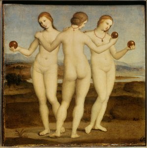 Kolme armoa Raffaello Sanzio dit Raphaelin (1483-1520) maalaus. 1504-1505. Chantilly. Conde museo. tekijältä Raphael