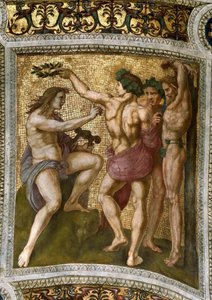 Marsyas ja Apollo. Kattofresco Stanza della Segnaturassa, noin 1510-1511. tekijältä Raphael