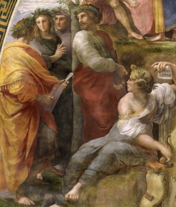 Parnassus. Yksityiskohta. Fresko Stanza della Segnaturassa, noin 1510-1511. tekijältä Raphael